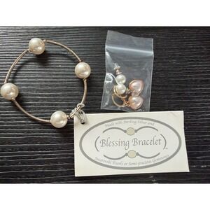 Blessing Bracelet Sterling Silver Swarovski Pearl Bangle with Earring Set NEW